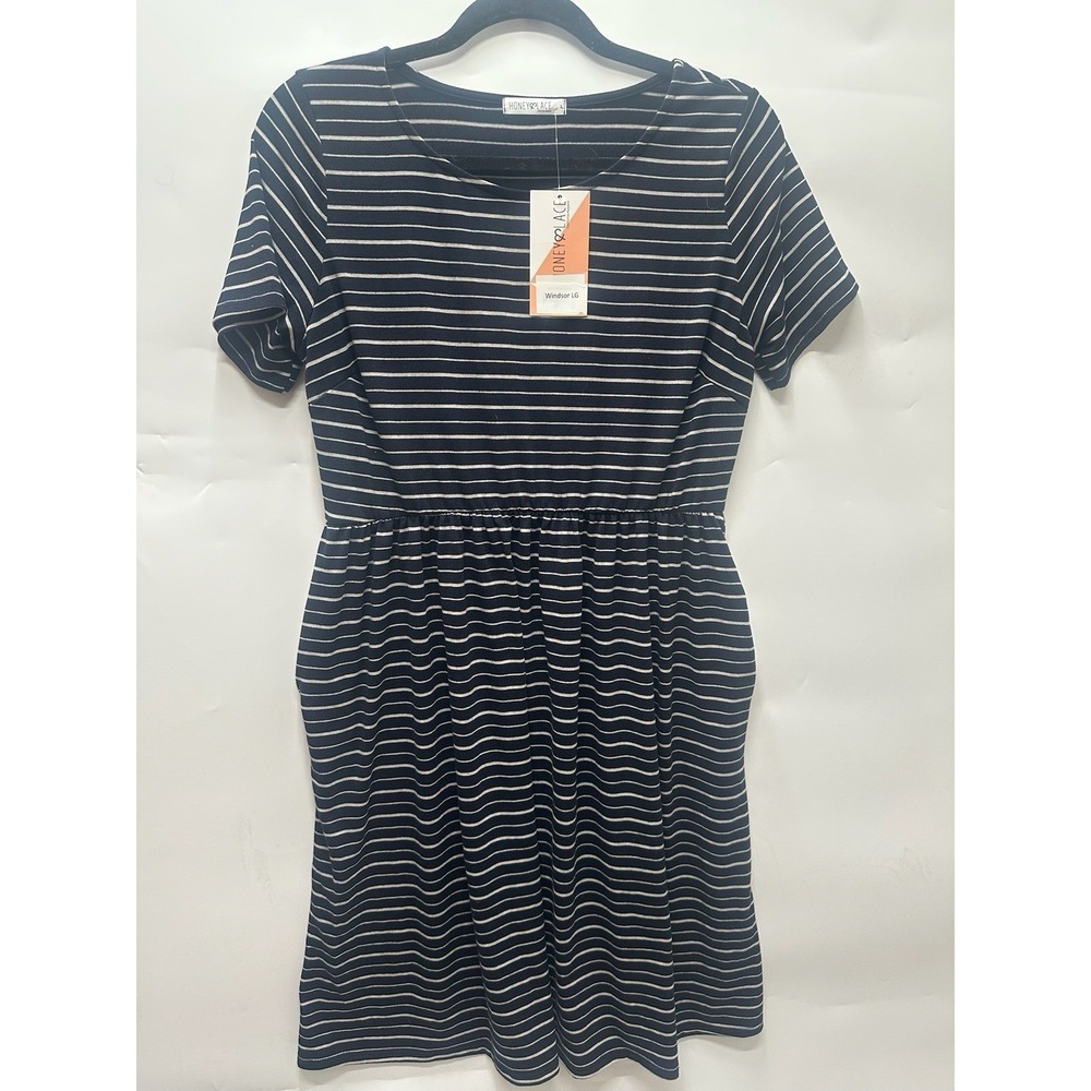 Honey & Lace Windsor Dress‎ Navy Grey Stripe Short Sleeve LG Elastic Waist  NWT